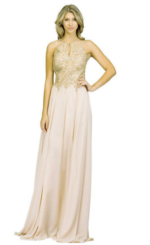 Chicas C1521 Printed Evening A-Line Floral Floor-Length Beaded Chiffon Dress