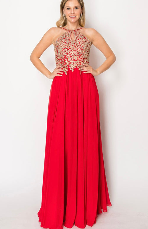 Chicas C1521 Printed Evening A-Line Floral Floor-Length Beaded Chiffon Dress