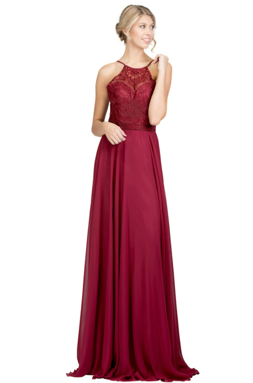 Chicas YG5008 Elegant Evening Halter Long Embroidered Chiffon Dress