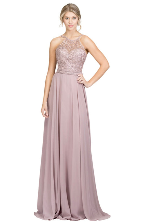 Chicas YG5008 Elegant Evening Halter Long Embroidered Chiffon Dress