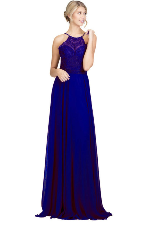 Chicas YG5008 Elegant Evening Halter Long Embroidered Chiffon Dress