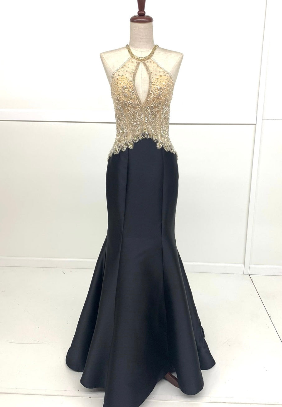 Chicas C9186 Black Mermaid Halter Floor-Length Beaded Satin Dress