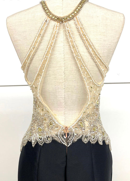 Chicas C9186 Black Mermaid Halter Floor-Length Beaded Satin Dress