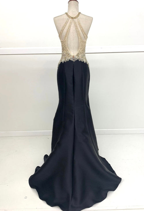 Chicas C9186 Black Mermaid Halter Floor-Length Beaded Satin Dress