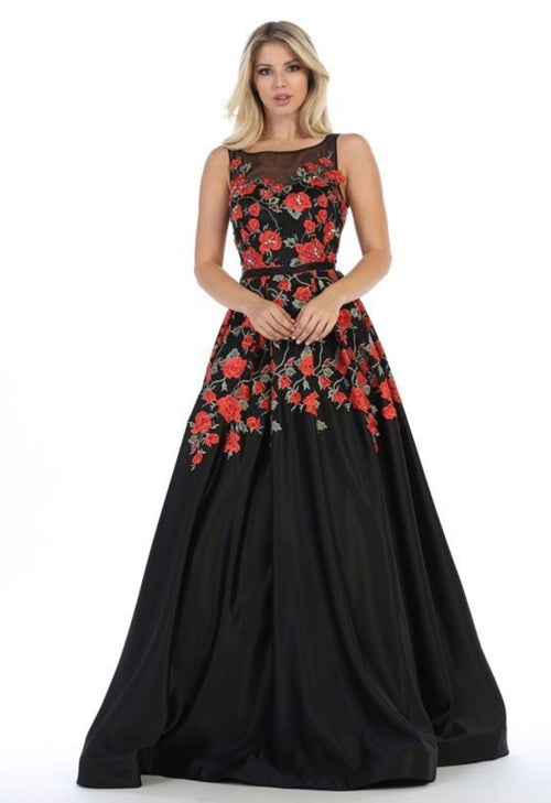 Chicas LM8013 Romantic Printed Evening Black BallDress Illusion Fabric Dress