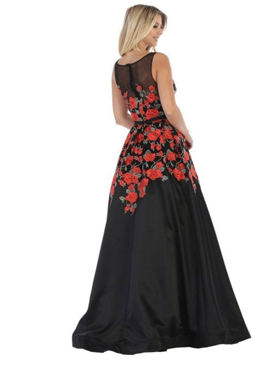 Chicas LM8013 Romantic Printed Evening Black BallDress Illusion Fabric Dress