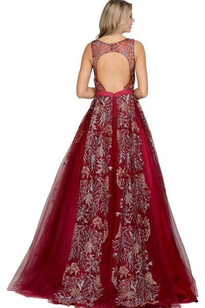Chicas LM8007 Printed Formal Wine Illusion Floral Floor-Length Tulle Dress