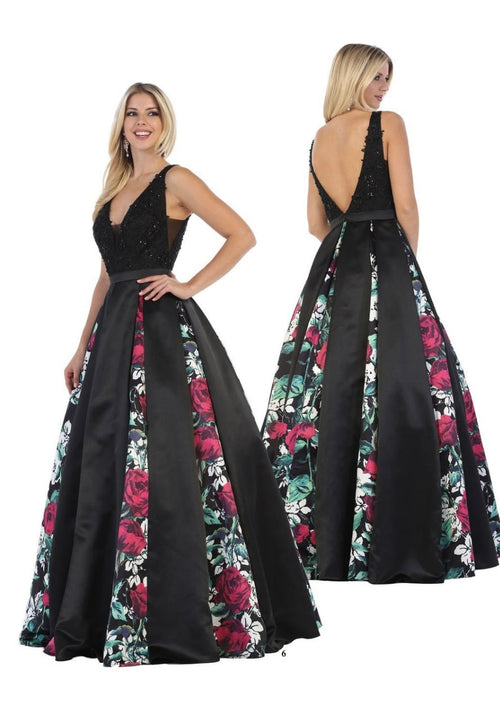 Chicas LM8008 Printed Formal Black A-Line Floral Satin Dress