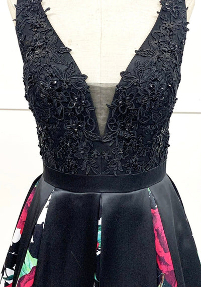 Chicas LM8008 Printed Formal Black A-Line Floral Satin Dress