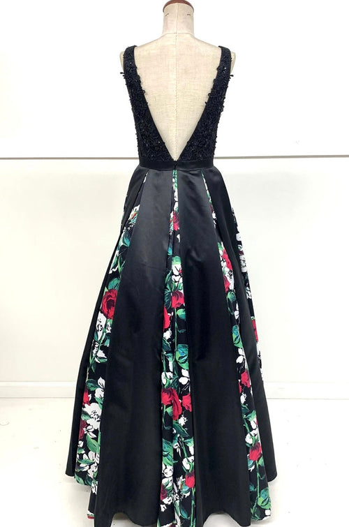 Chicas LM8008 Printed Formal Black A-Line Floral Satin Dress
