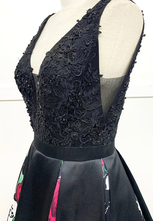 Chicas LM8008 Printed Formal Black A-Line Floral Satin Dress