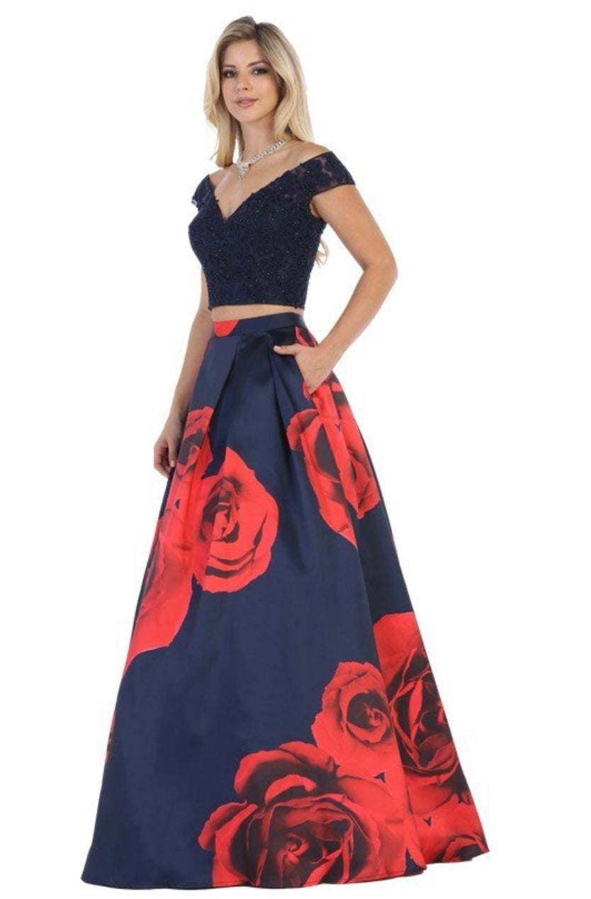 Chicas LM8011 Printed Formal Navy A-Line Floral Satin Dress
