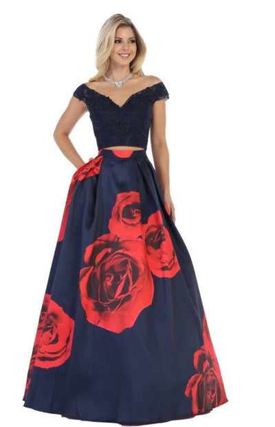 Chicas LM8011 Printed Formal Navy A-Line Floral Satin Dress