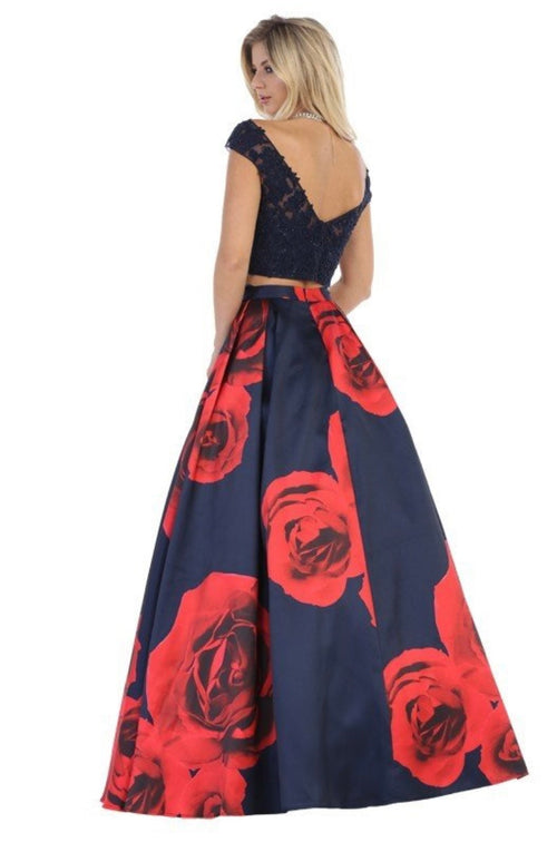 Chicas LM8011 Printed Formal Navy A-Line Floral Satin Dress
