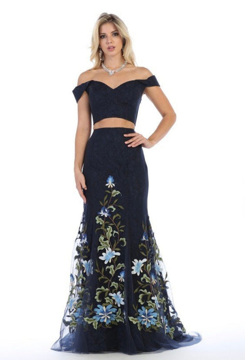 Chicas LM8017 Printed Evening Navy Mermaid Sweetheart Lace Dress