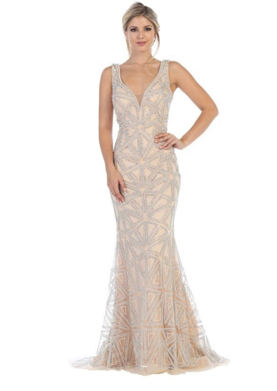 Chicas BT9011 Elegant Formal Navy Floor-Length Strappy Fabric Dress