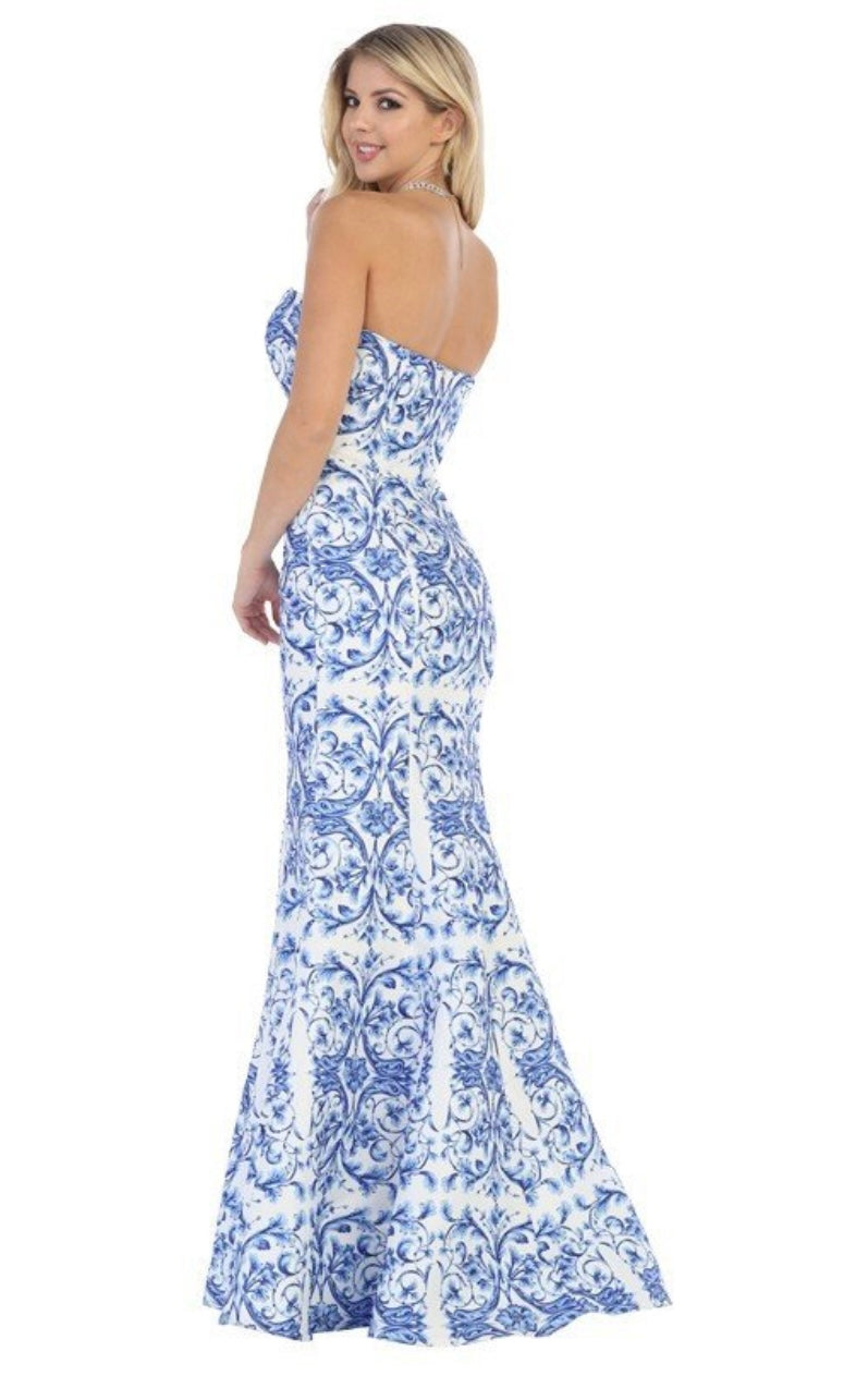 Chicas LM8018 Elegant Printed Formal Blue Mermaid Strapless Fabric Dress
