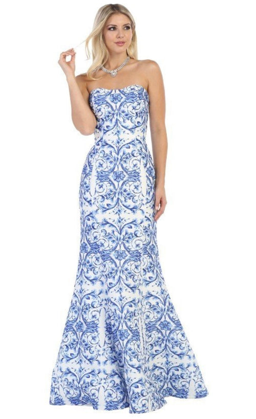 Chicas LM8018 Elegant Printed Formal Blue Mermaid Strapless Fabric Dress