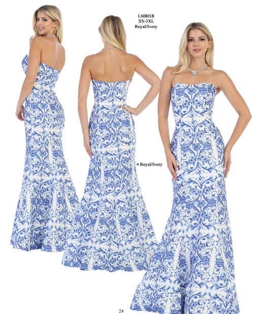 Chicas LM8018 Elegant Printed Formal Blue Mermaid Strapless Fabric Dress