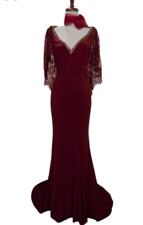 Chicas LM8019 Elegant Bridal Navy Floor-Length Shimmer Cape Lace Dress