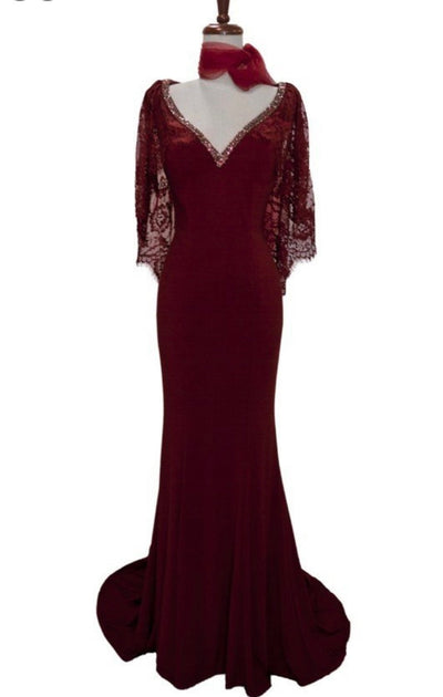 Chicas LM8019 Elegant Bridal Navy Floor-Length Shimmer Cape Lace Dress