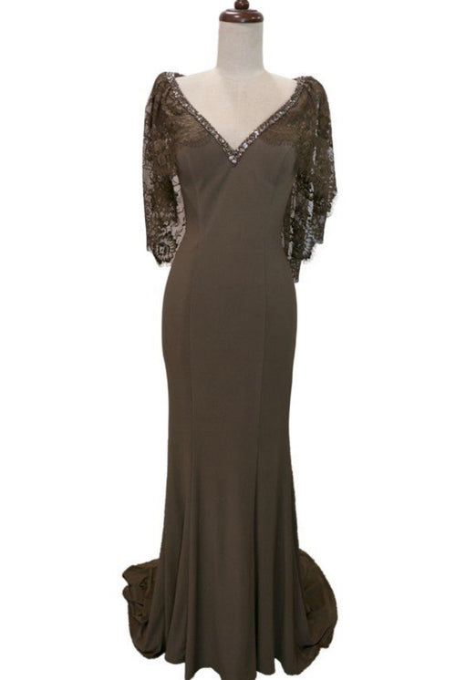 Chicas LM8019 Elegant Bridal Navy Floor-Length Shimmer Cape Lace Dress