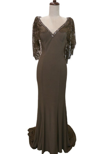 Chicas LM8019 Elegant Bridal Navy Floor-Length Shimmer Cape Lace Dress