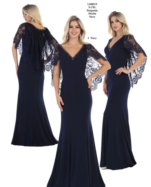 Chicas LM8019 Elegant Bridal Navy Floor-Length Shimmer Cape Lace Dress
