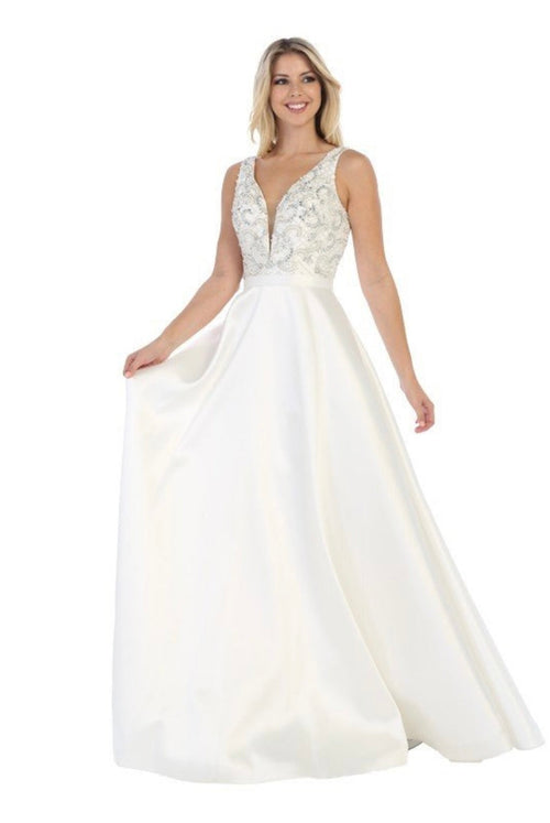 Chicas CC3022 Elegant Formal Ivory BallDress Illusion Floor-Length Satin Dress