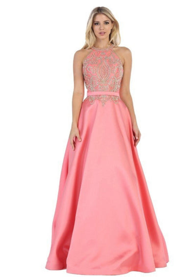 Chicas CC3025 Evening Royal A-Line Halter Floor-Length Satin Dress