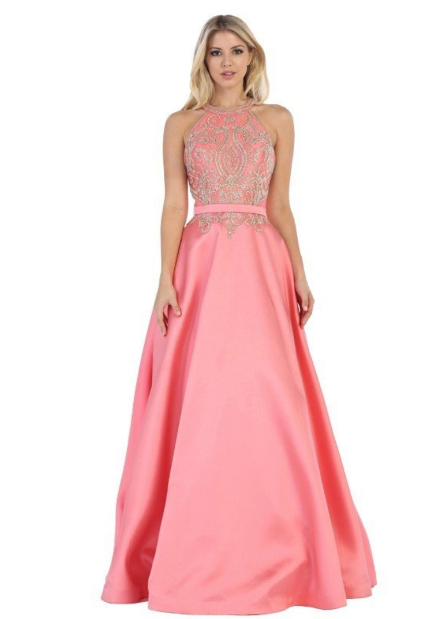 Chicas CC3025 Evening Royal A-Line Halter Floor-Length Satin Dress