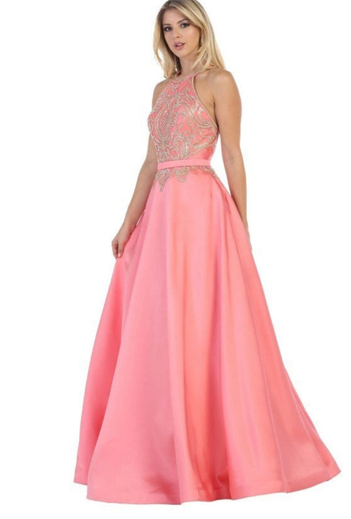 Chicas CC3025 Evening Royal A-Line Halter Floor-Length Satin Dress
