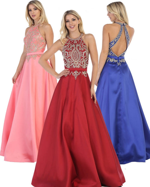 Chicas CC3025 Evening Royal A-Line Halter Floor-Length Satin Dress