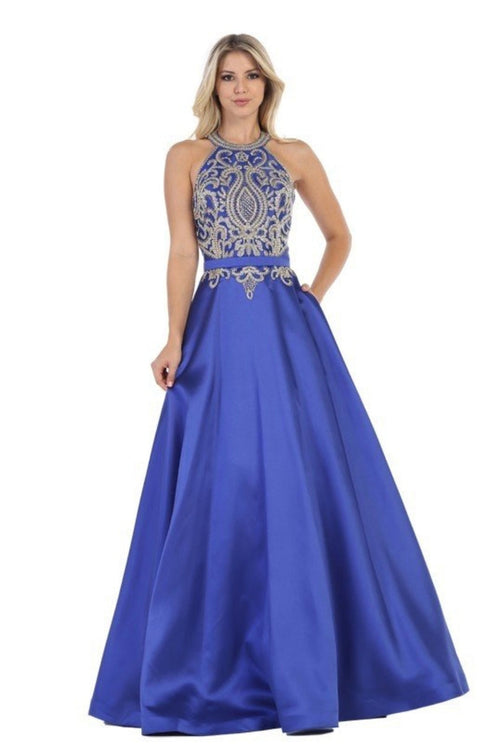 Chicas CC3025 Evening Royal A-Line Halter Floor-Length Satin Dress