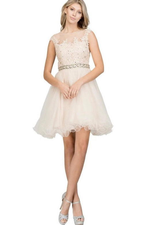 Chicas YG5007 Romantic Printed Illusion Floral Short Beaded Tulle Dress