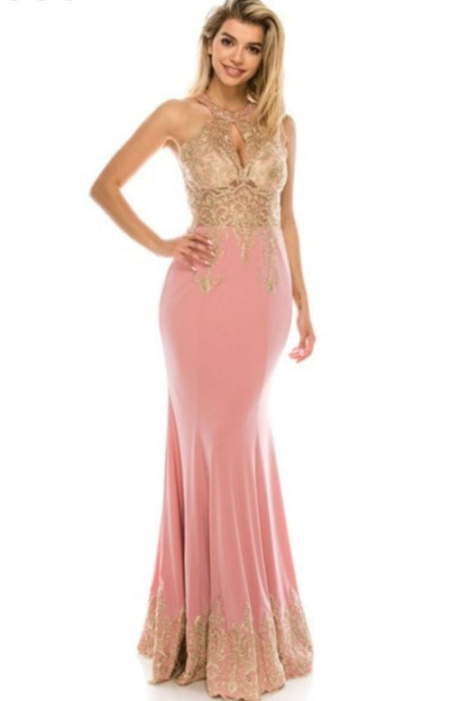 Chicas C9157 Evening Gold Mermaid Halter Floor-Length Fabric Dress