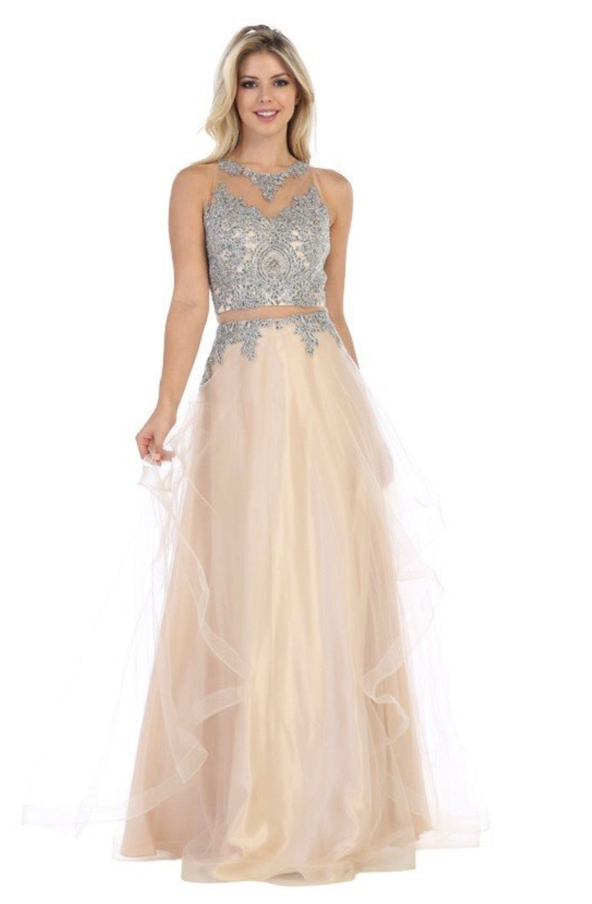 Chicas DR7004 Evening Silver A-Line Illusion Floor-Length Tulle Dress
