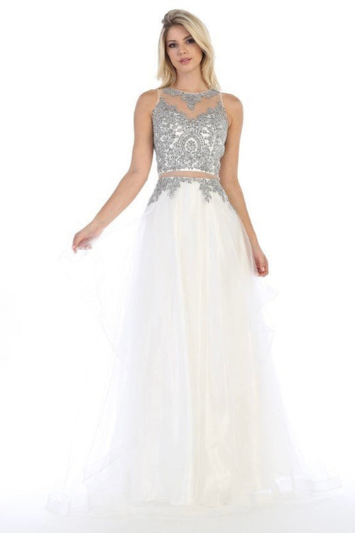 Chicas DR7004 Evening Silver A-Line Illusion Floor-Length Tulle Dress