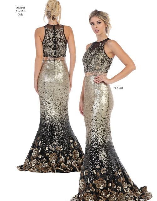 Chicas DR7005 Printed Metallic Evening Black Mermaid Illusion Fabric Dress