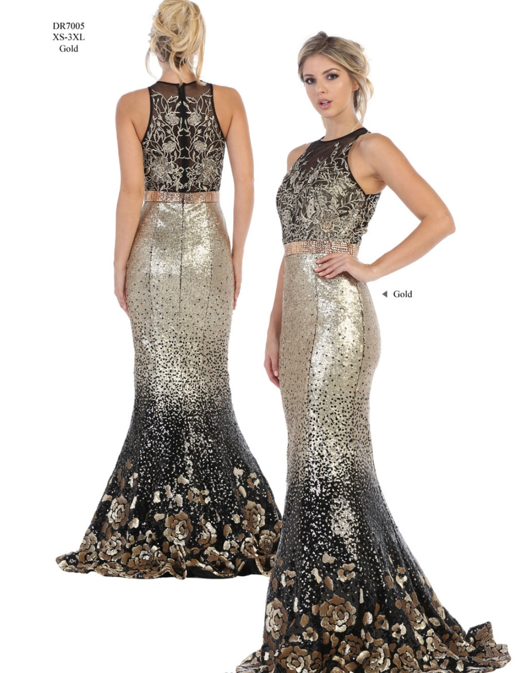 Chicas DR7005 Printed Metallic Evening Black Mermaid Illusion Fabric Dress