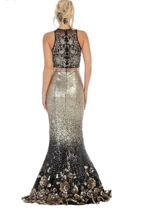 Chicas DR7005 Printed Metallic Evening Black Mermaid Illusion Fabric Dress