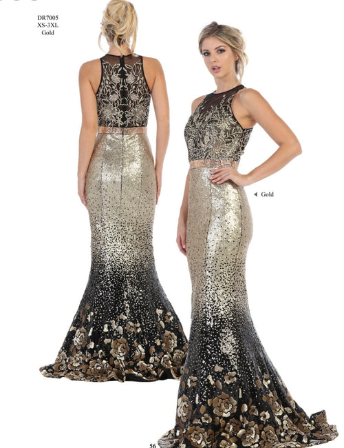 Chicas DR7005 Printed Metallic Evening Black Mermaid Illusion Fabric Dress
