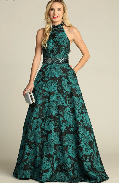 Chicas SD3002 Printed Evening Royal A-Line Halter Fabric Dress