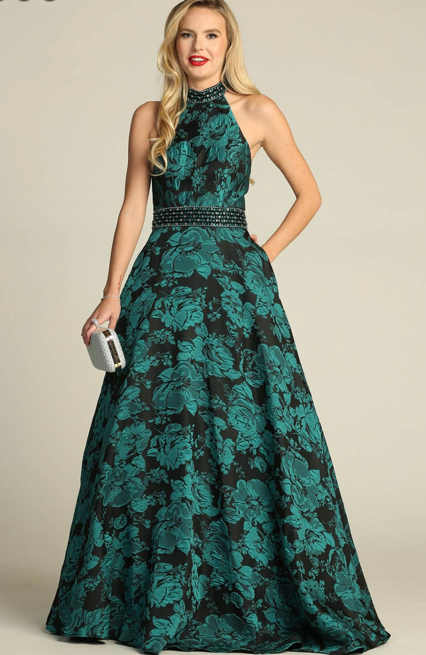 Chicas SD3002 Printed Evening Royal A-Line Halter Fabric Dress