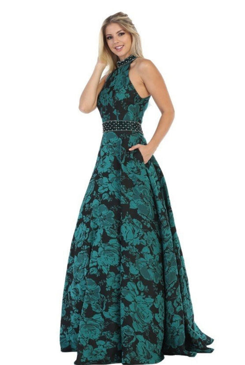 Chicas SD3002 Printed Evening Royal A-Line Halter Fabric Dress