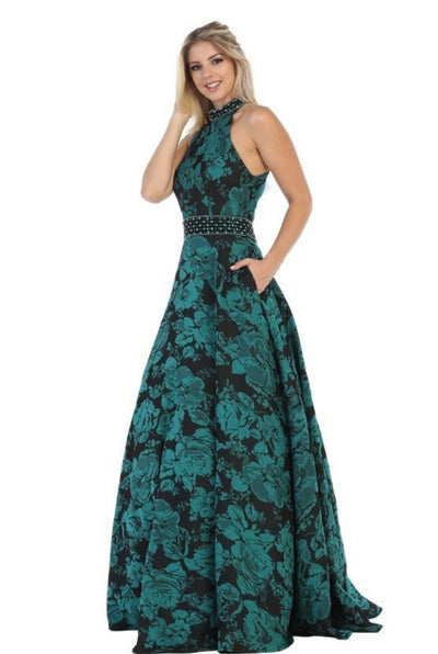 Chicas SD3002 Printed Evening Royal A-Line Halter Fabric Dress