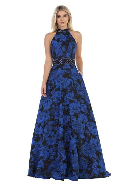 Chicas SD3002 Printed Evening Royal A-Line Halter Fabric Dress