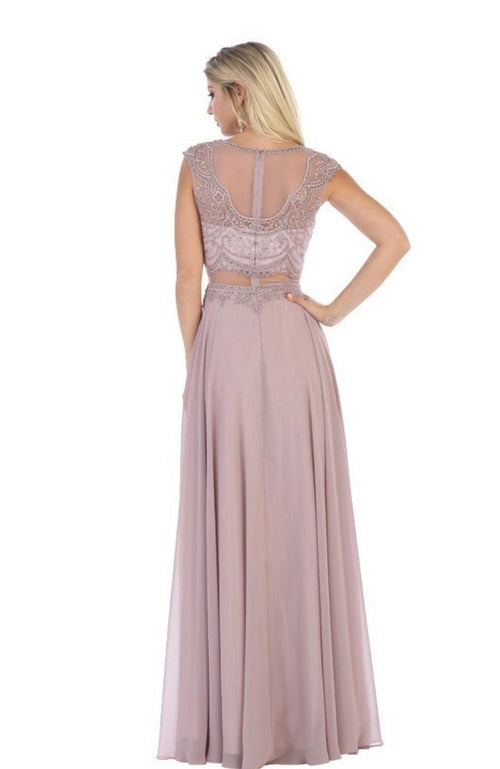 Chicas XR6001 Elegant Evening Navy A-Line Illusion Floor-Length Chiffon Dress