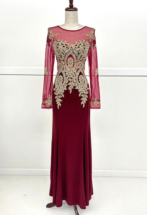 Chicas C3298 Elegant Evening Wine Mermaid Long-Sleeve Floor-Length Mesh Dress