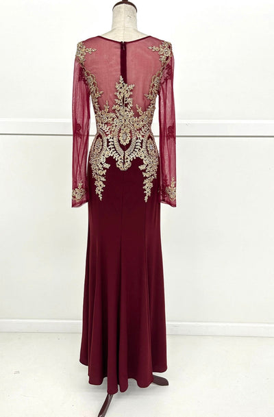 Chicas C3298 Elegant Evening Wine Mermaid Long-Sleeve Floor-Length Mesh Dress